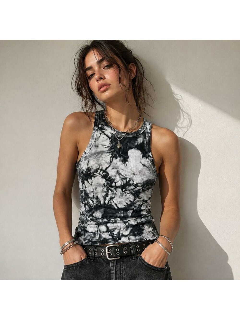 Decjuba Women Sz S Charcoal Gray White Tie Dye Ribbed Racerback Tank Top Grunge
